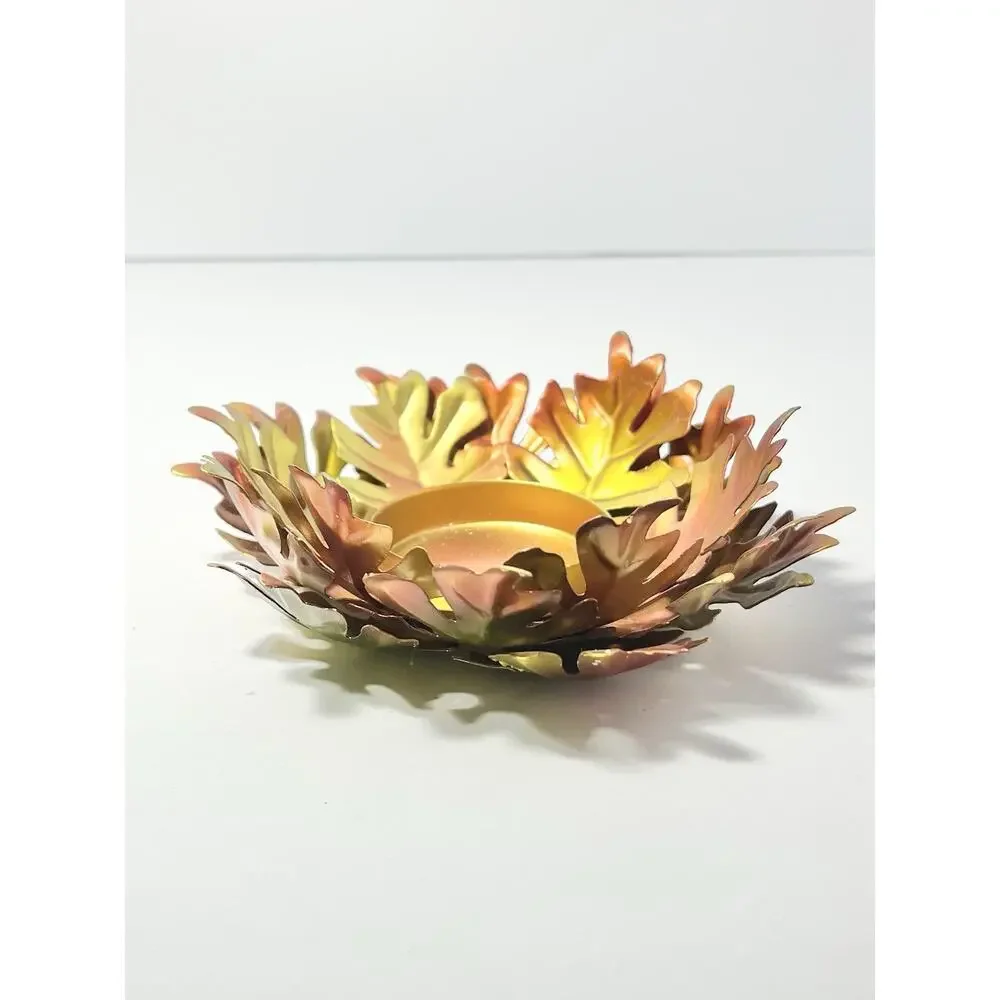 2015 Hobby Lobby 3 Fall Orange Yellow Tin Metal Leaf Votive Candle Holders 5.5”